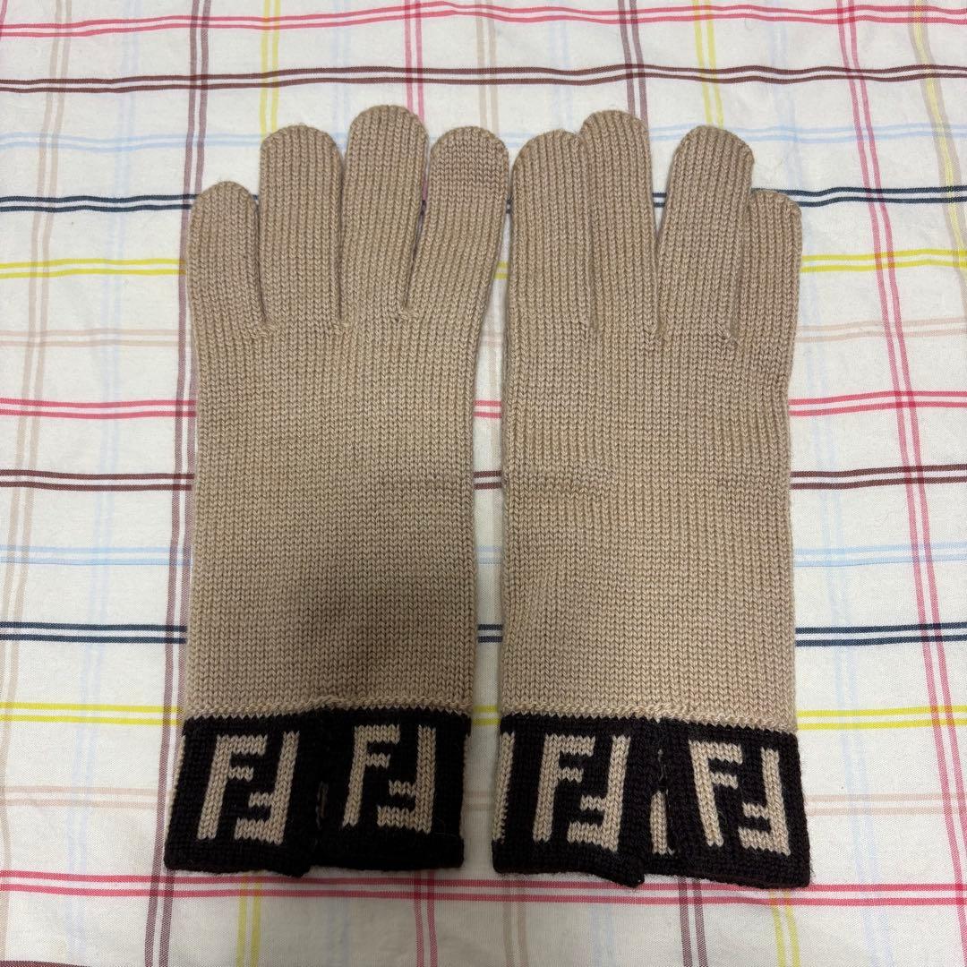 FENDI 2点セット ニット帽 手袋 五本指 ロゴ ウール ブラウン