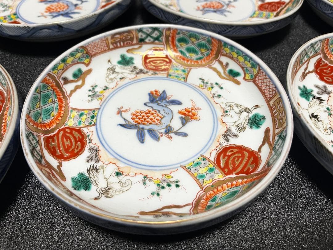 古伊万里　金襴手　金彩　松鶴図　銘々皿　皿　寿　9客