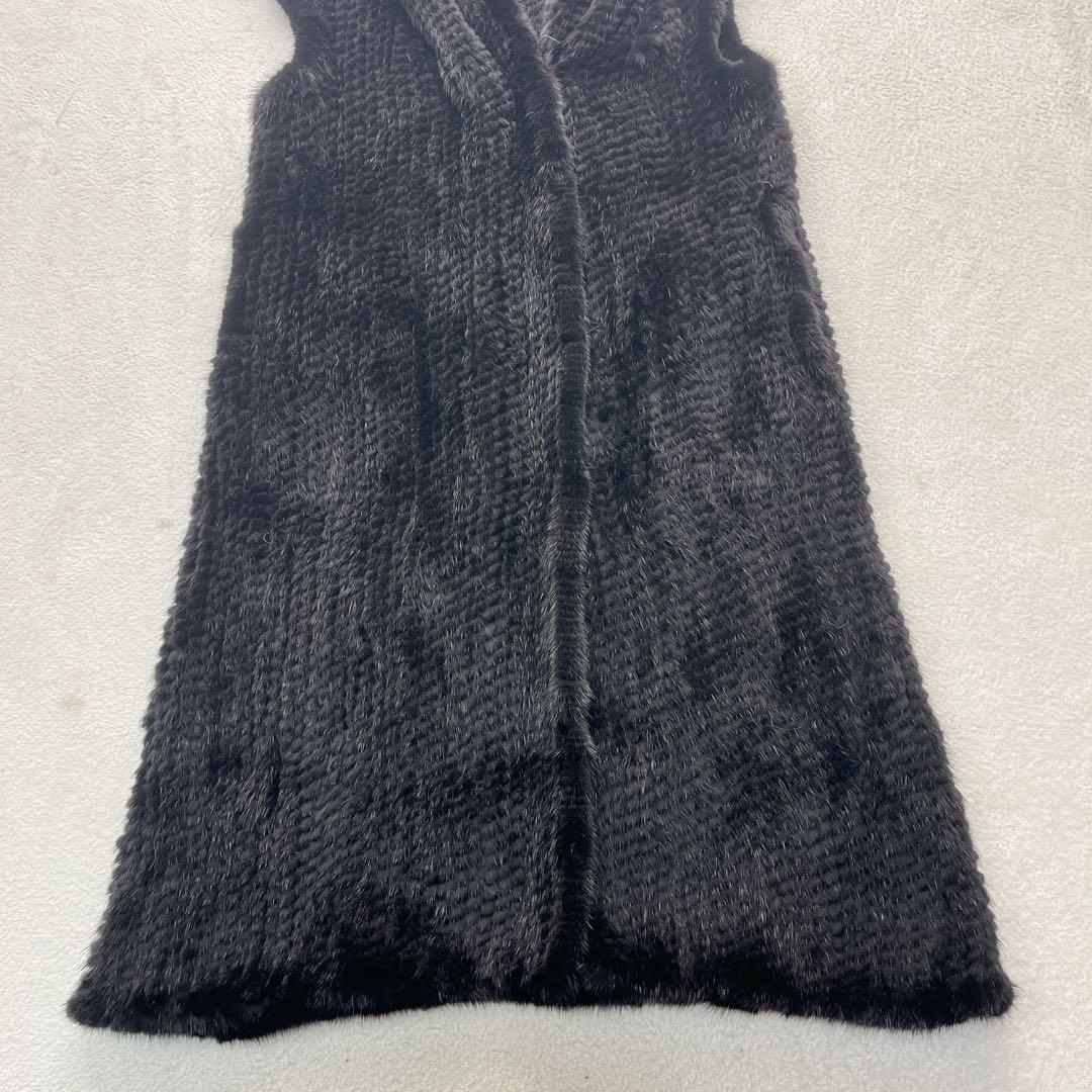 毛皮 リアルファー ブラック フード付 ジレ ベスト ロングコート Lサイズ