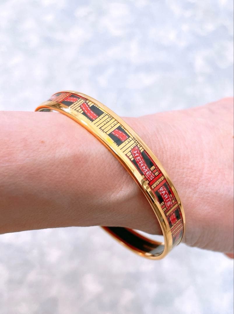 【エルメス】エマイユＰＭ　ゴールド　バングル　ロゴリボン柄　レディース