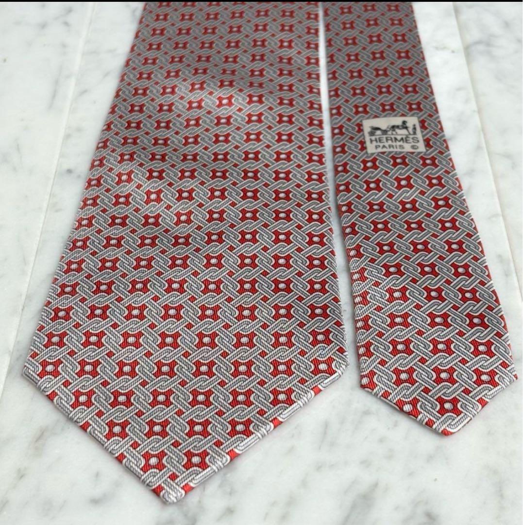 HERMES エルメス ネクタイ レッド グレー ドット 幾何学模様 フランス製