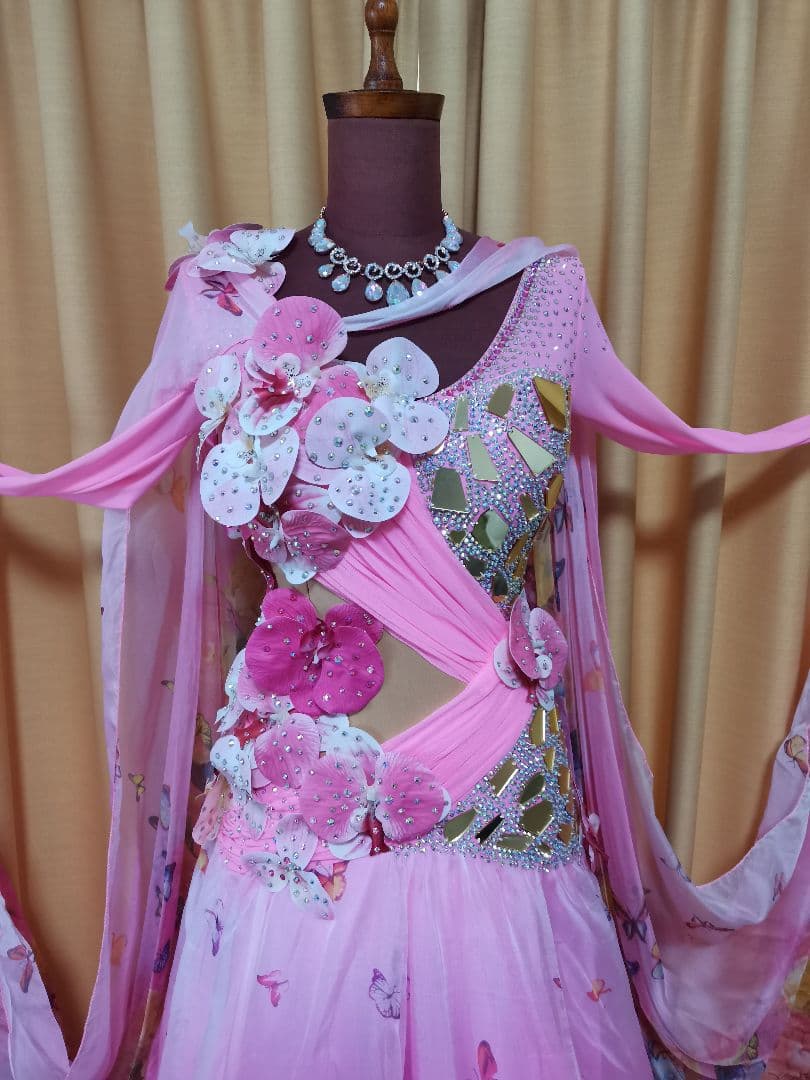 TY社交ダンス スタンダードドレス デモ競技 M　ピンク花柄　豪華
