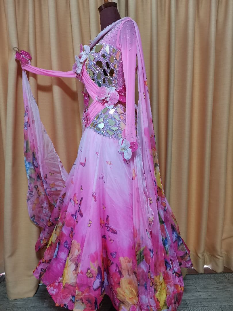 TY社交ダンス スタンダードドレス デモ競技 M　ピンク花柄　豪華