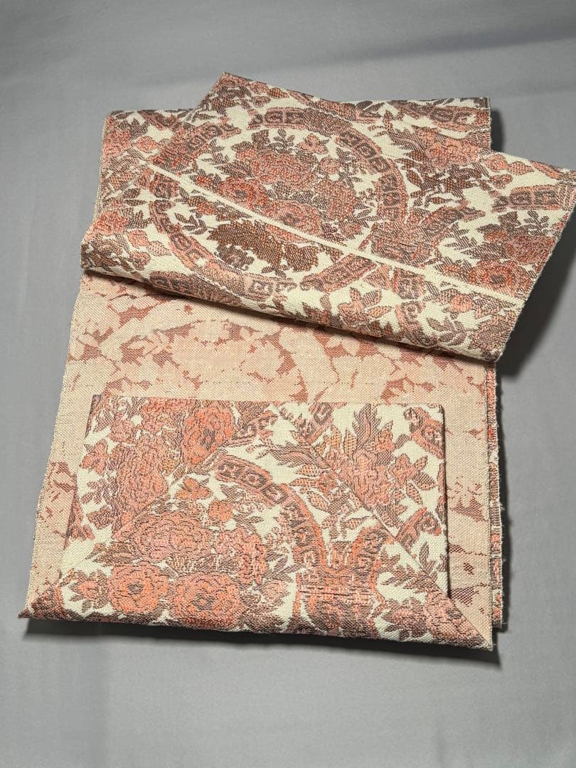 [美品] 紬地　名古屋帯　正絹　白練色　白　更紗　洒落帯　小紋　紬　無地　お茶