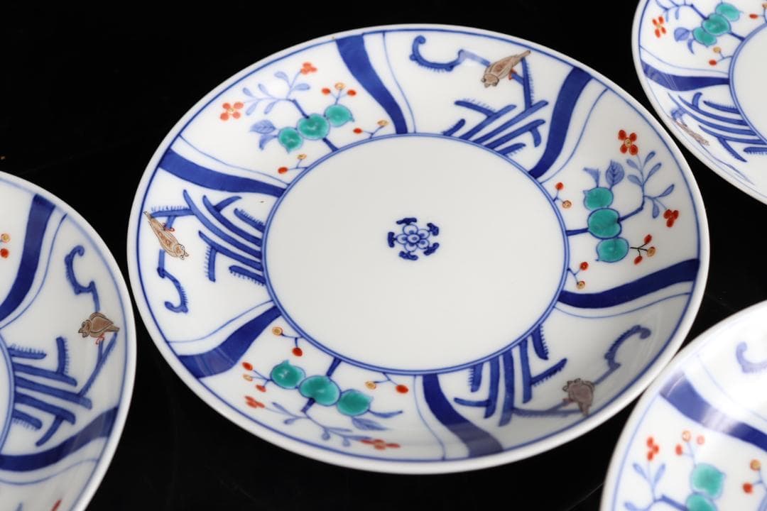 十三代 酒井田柿右衛門 染錦 捻草花文 皿 五枚 共箱