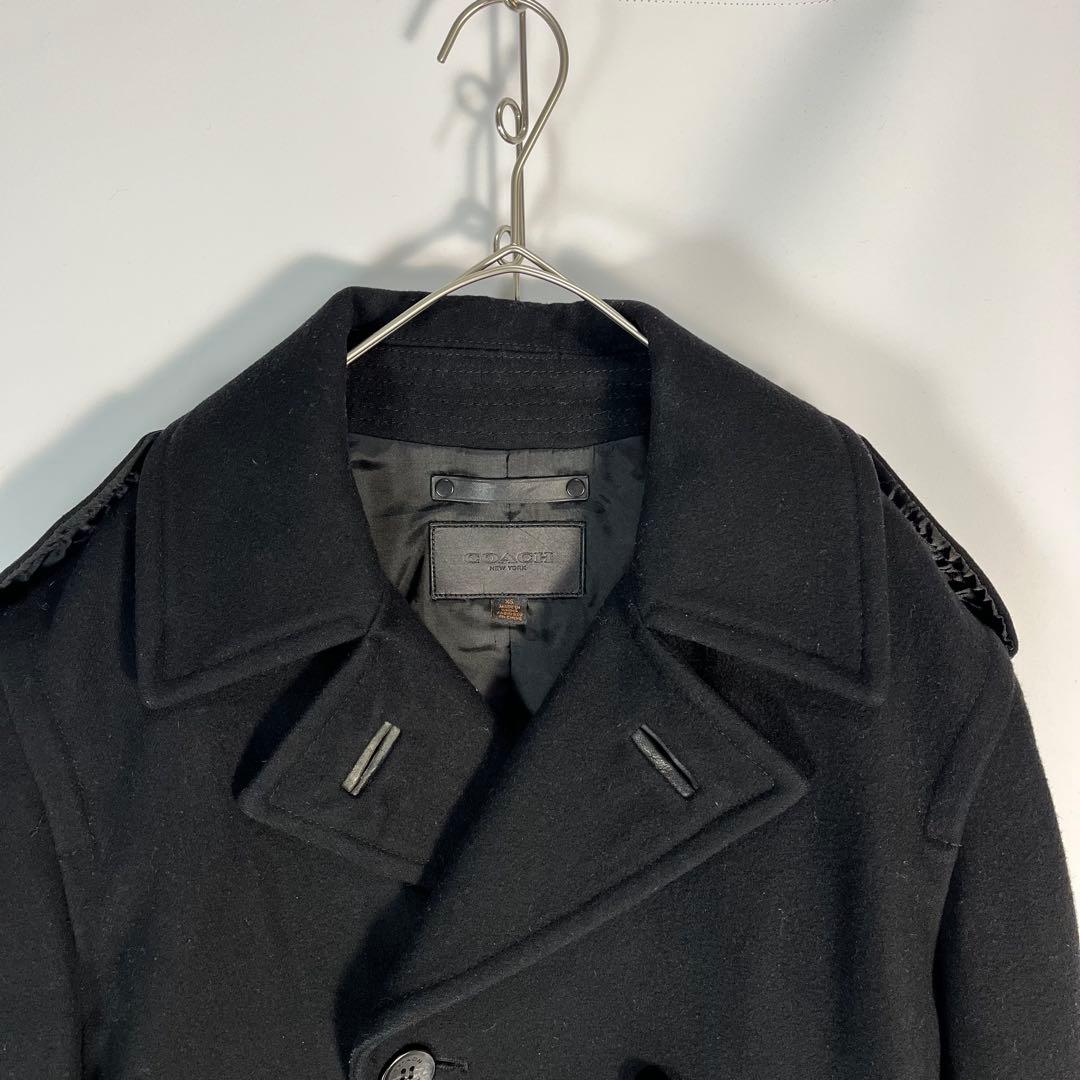 COACH　Pコート　ウール　牛革　ブラック