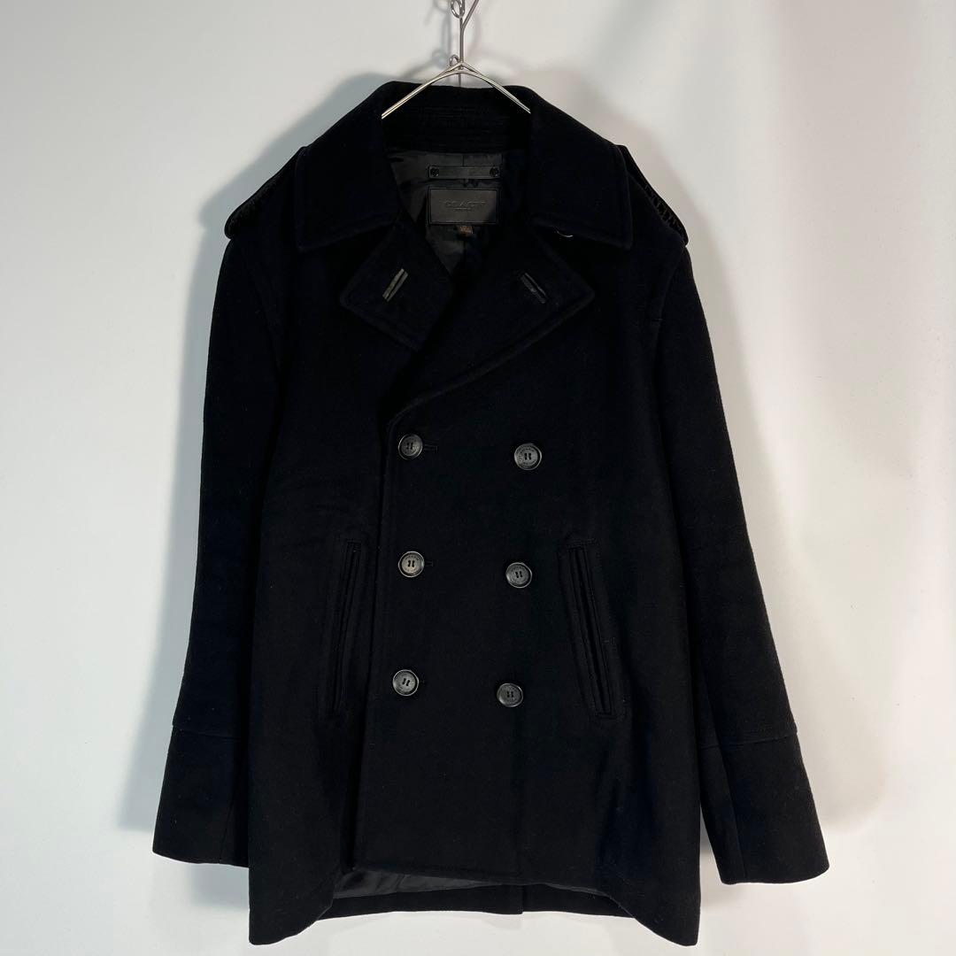 COACH　Pコート　ウール　牛革　ブラック