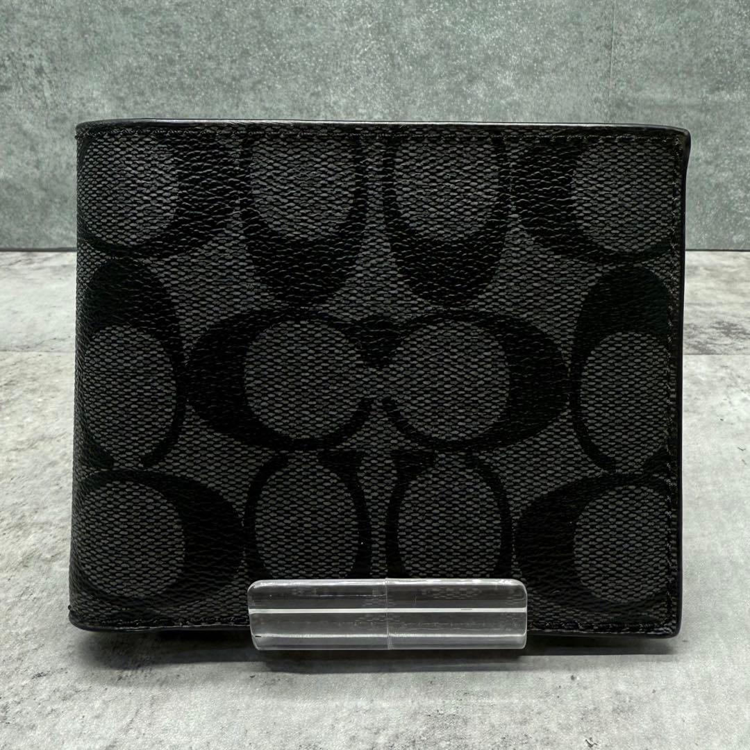 【美品】COACH コーチ 折り財布 PVC ブラック シグネチャー メンズ