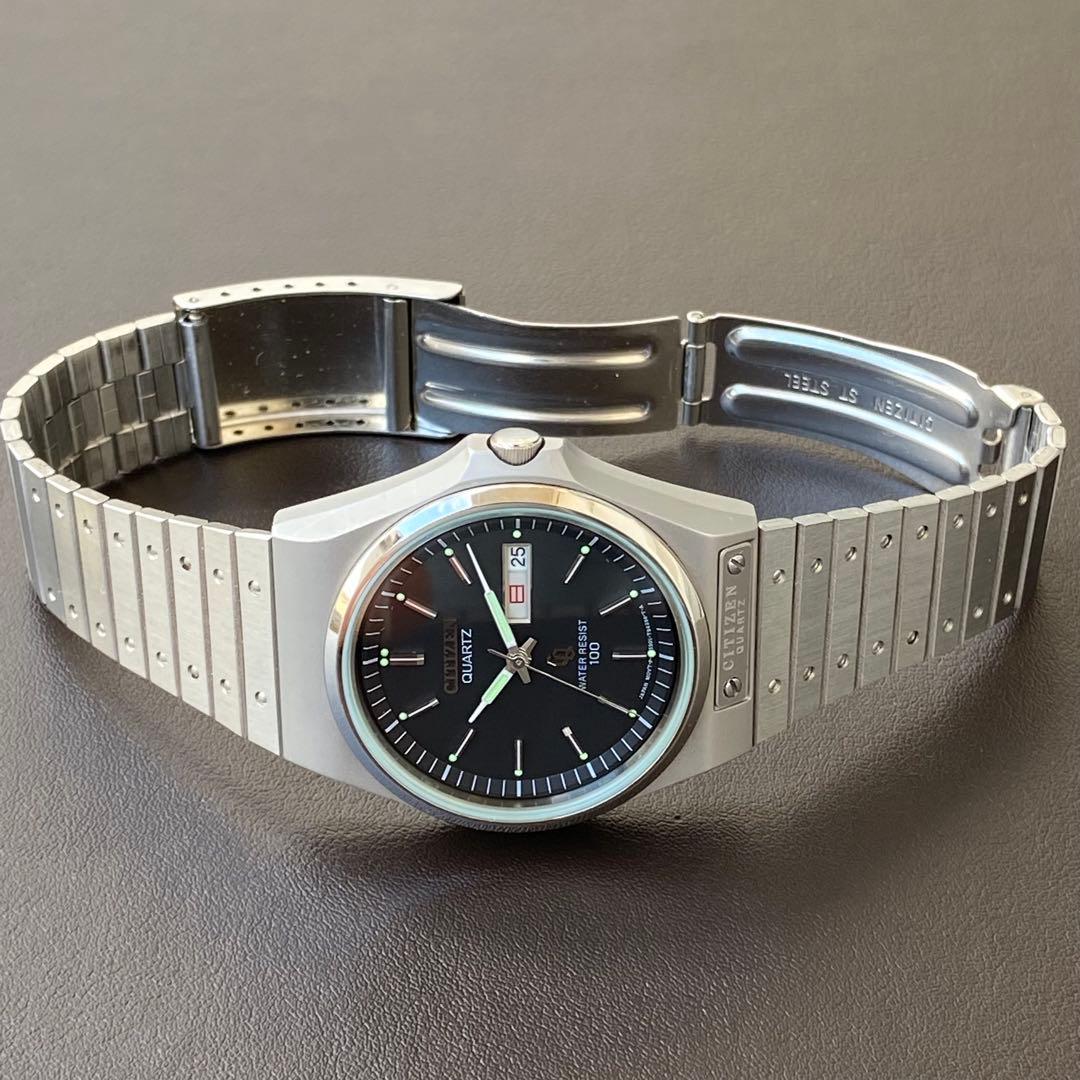 シチズン オールドクォーツ ブラックダイアル ガラス傷無し ロゴプレート 極美品