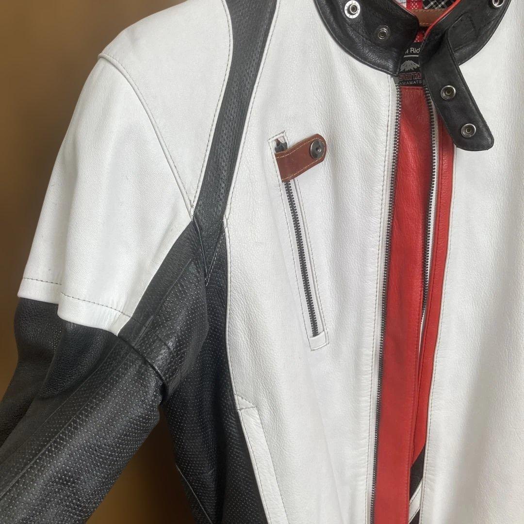 バイク用レザージャケット ホワイト/ブラック/レッド 希少サイズのLLの3W