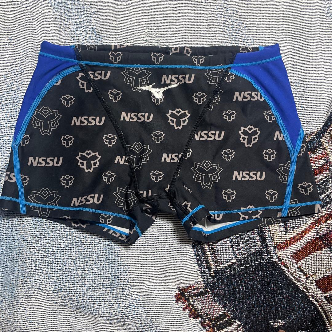 【美品】Mizuno 競泳水着 NSSUロゴ入り サイズO 黒×青 高速水着