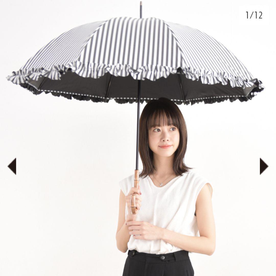 サンバリア　日傘　長傘　Mサイズ フリル 白黒ストライプ バンブー