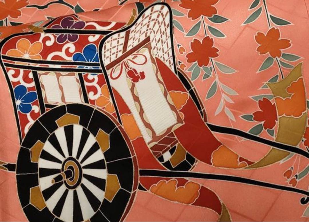 振袖フルセット6点特価　サイズM〜Ｌ　正絹　御所車　売り切り終了