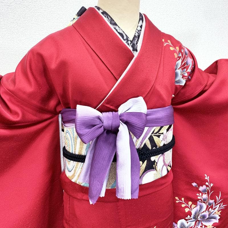 502z29☆振袖 金彩 個性的 花 萩 赤×紫☆美品 成人式 結婚式