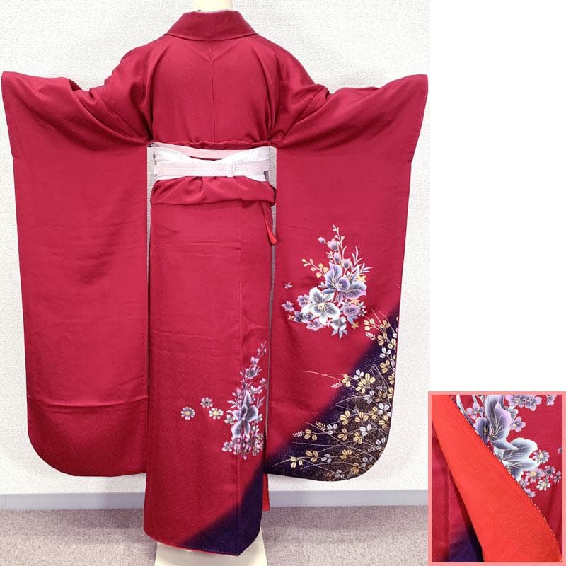 502z29☆振袖 金彩 個性的 花 萩 赤×紫☆美品 成人式 結婚式