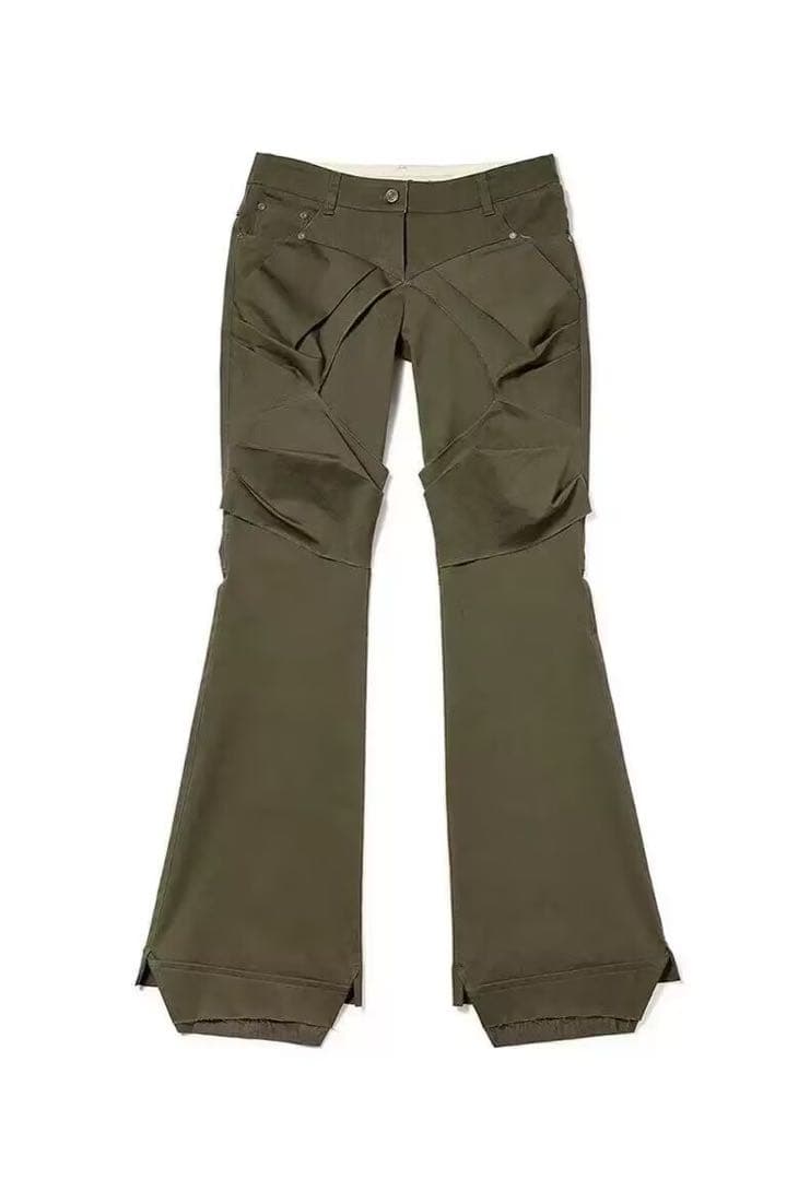 OPEN YY オリーブ色フレアパンツ・パッチワーク