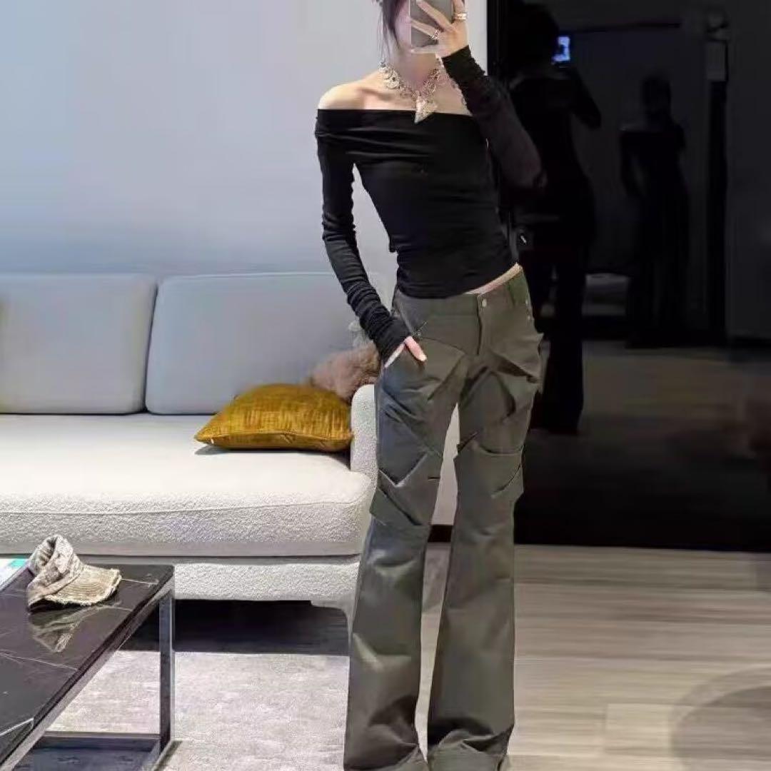 OPEN YY オリーブ色フレアパンツ・パッチワーク