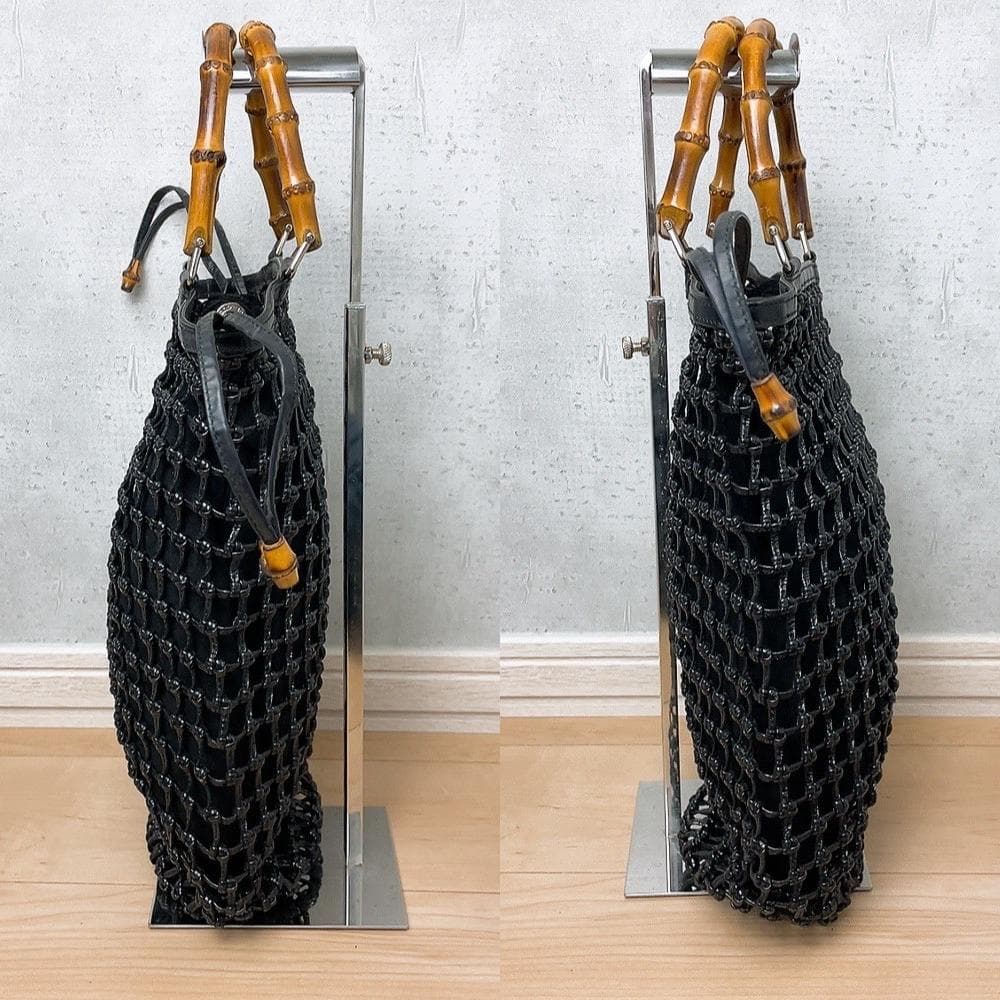 GUCCI バンブー 編み込み 巾着 かごバッグ ブラック 黒 レザー オールド