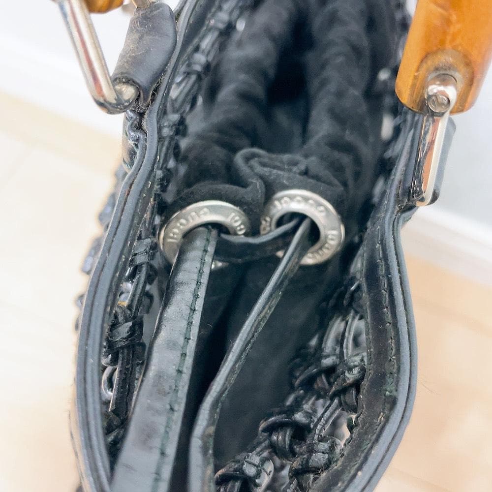 GUCCI バンブー 編み込み 巾着 かごバッグ ブラック 黒 レザー オールド