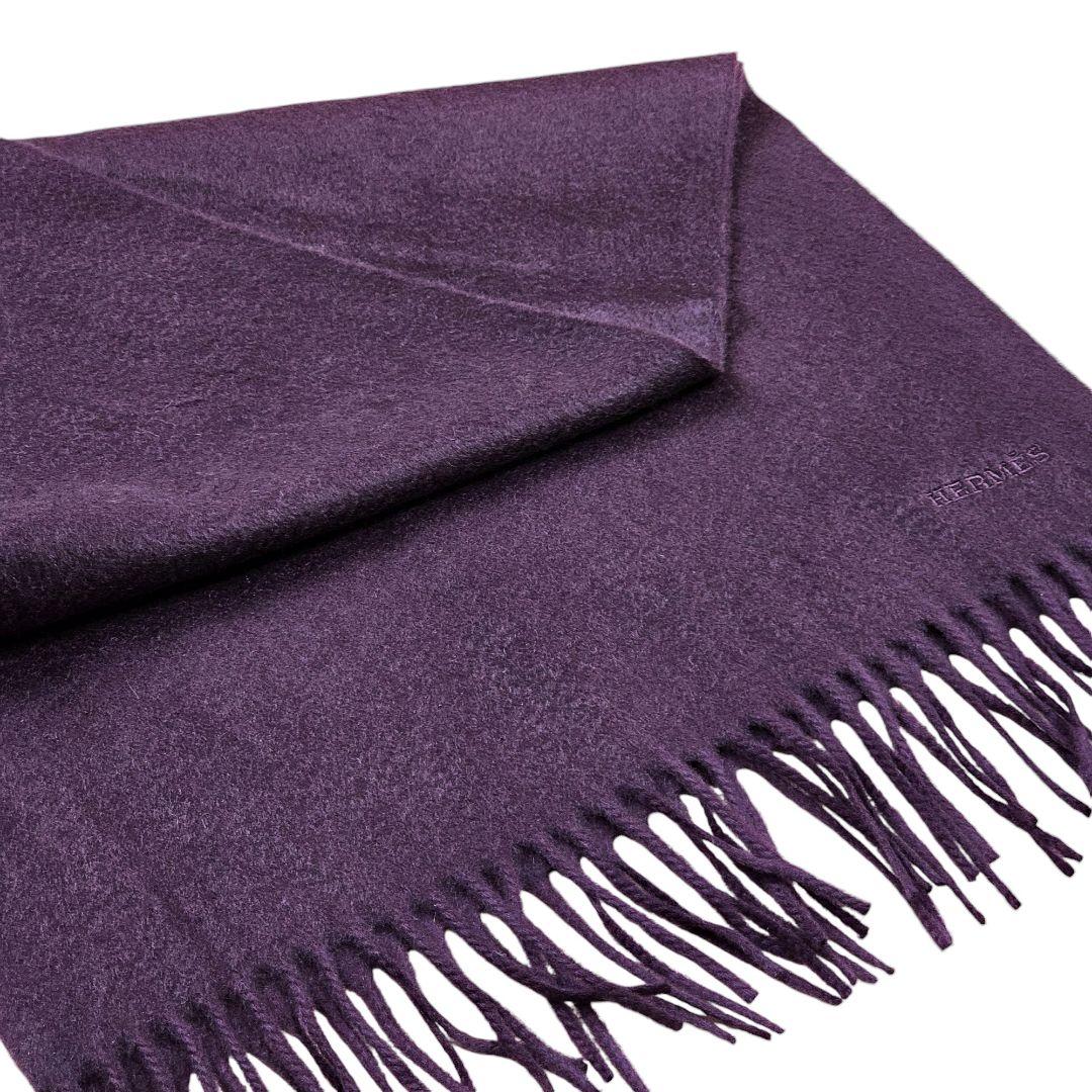 美品 エルメス HERMES フリンジ ロゴ刺繍 カシミヤ マフラー ストール