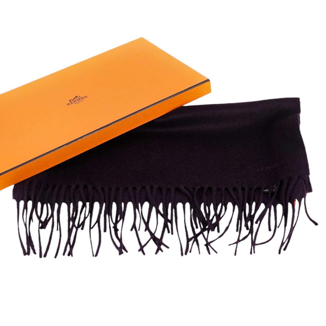 美品 エルメス HERMES フリンジ ロゴ刺繍 カシミヤ マフラー ストール