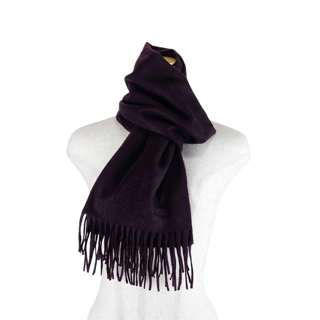 美品 エルメス HERMES フリンジ ロゴ刺繍 カシミヤ マフラー ストール