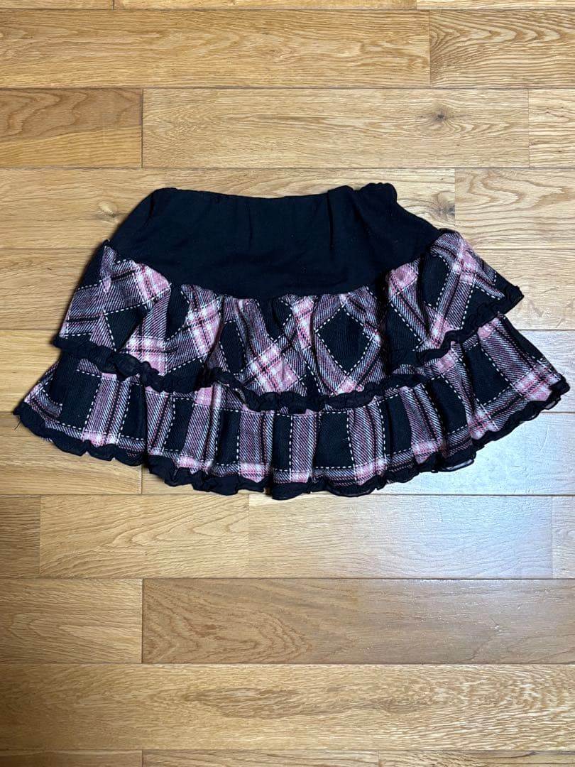 TRALALA フレアスカート　黒ピンクチェック柄