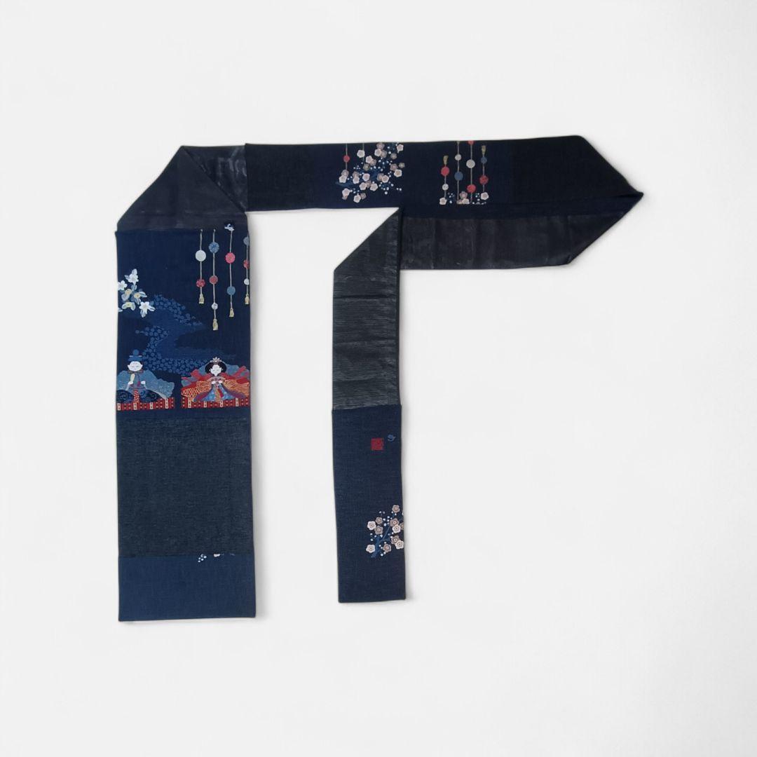 お雛様　ぷっくり　名古屋帯 紺色　梅の花　玉すだれ　ネイビー