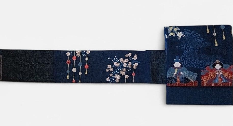 お雛様　ぷっくり　名古屋帯 紺色　梅の花　玉すだれ　ネイビー