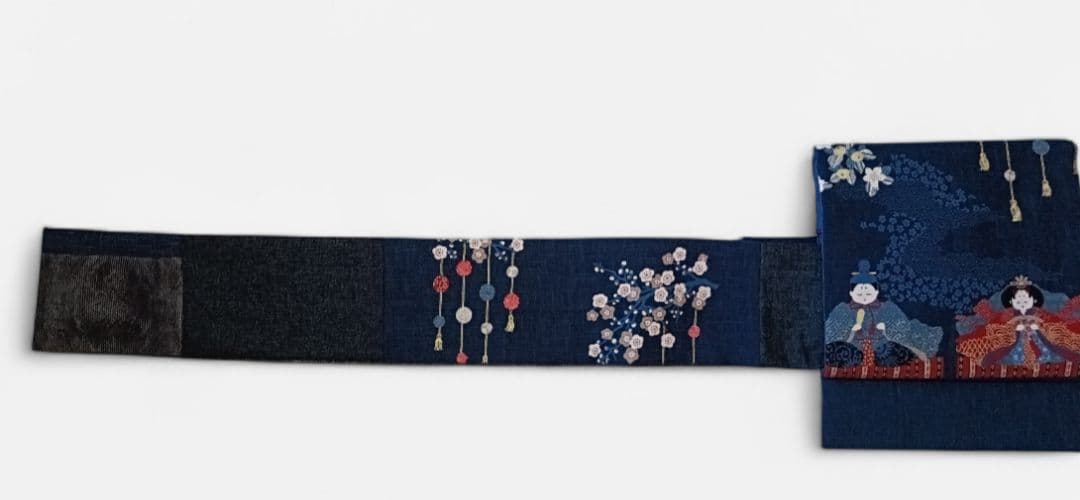 お雛様　ぷっくり　名古屋帯 紺色　梅の花　玉すだれ　ネイビー