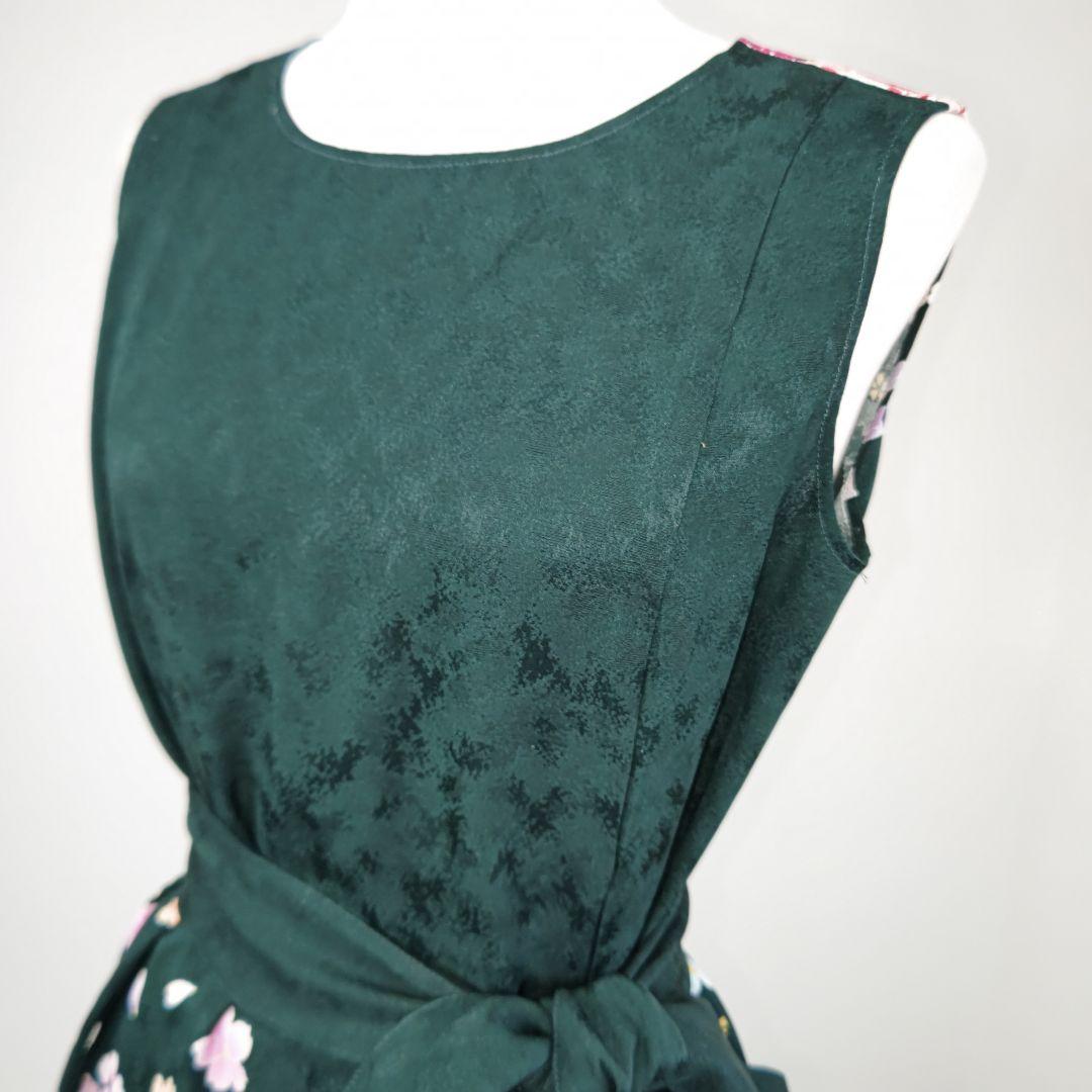 zunezune 振袖ドレス ノースリーブ 着物リメイクワンピース 深緑