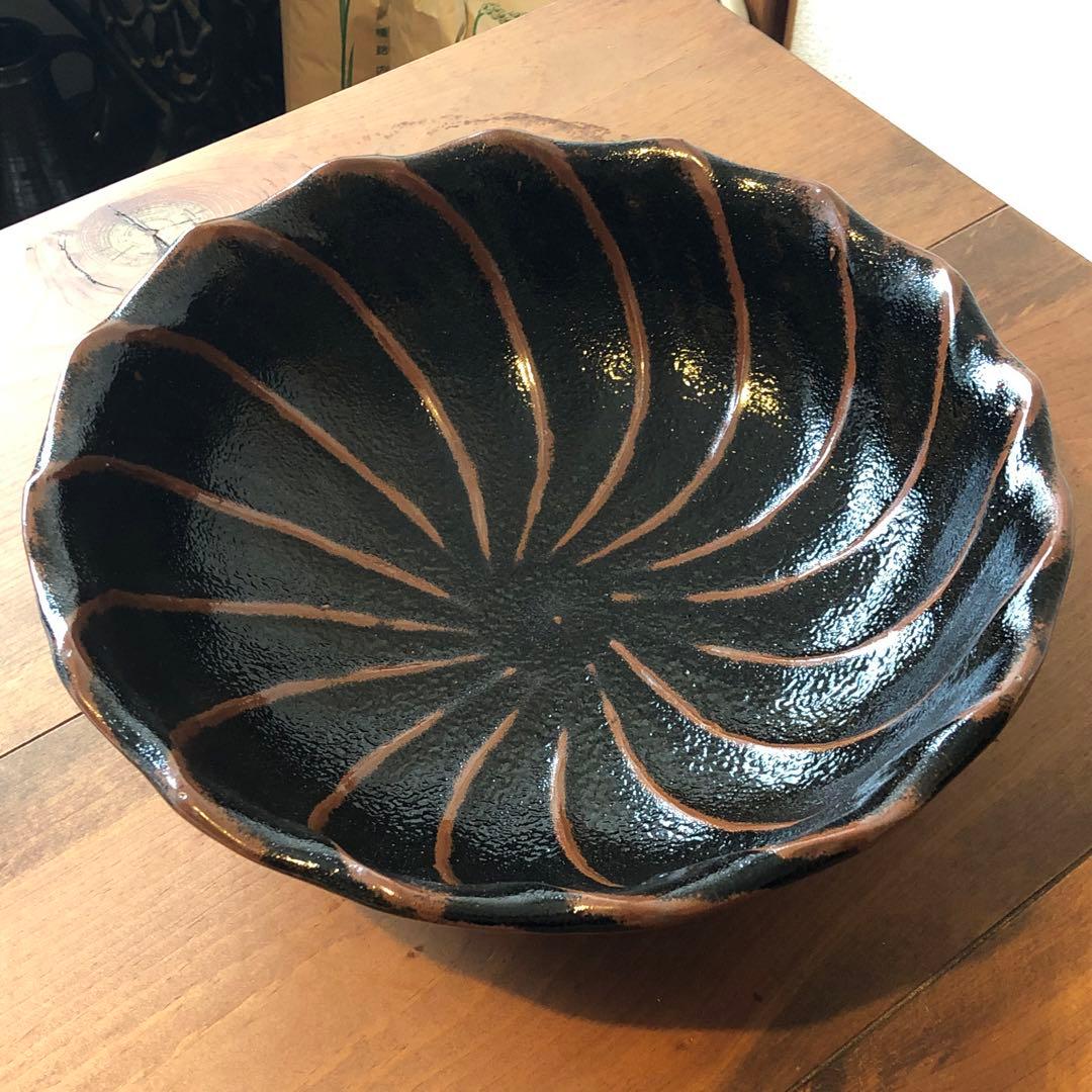 丹波立杭焼清水俊彦窯の黒釉花弁尺鉢：検）民藝　生田和孝