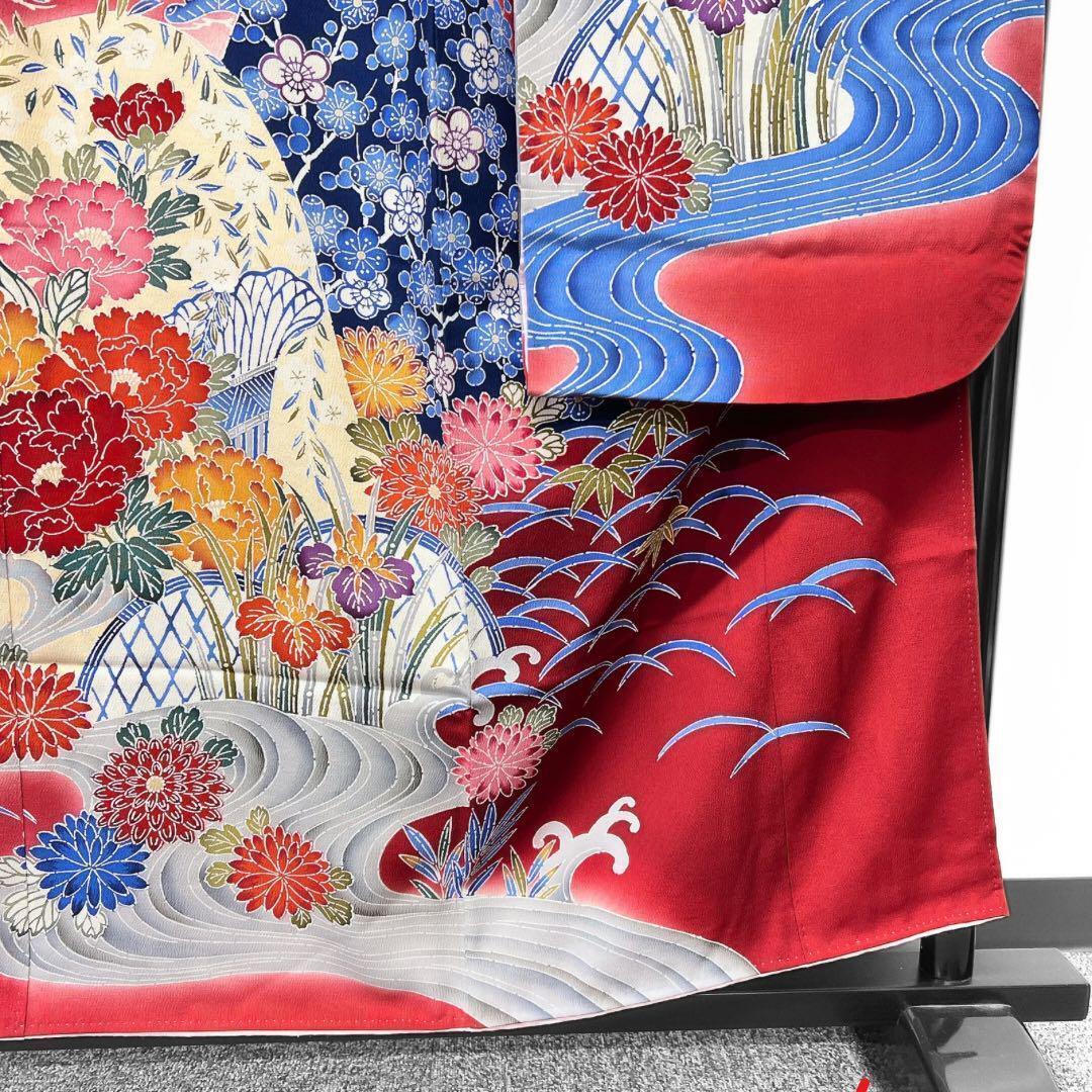 紅型調　振袖　花模様　霞　流水　着物　013w