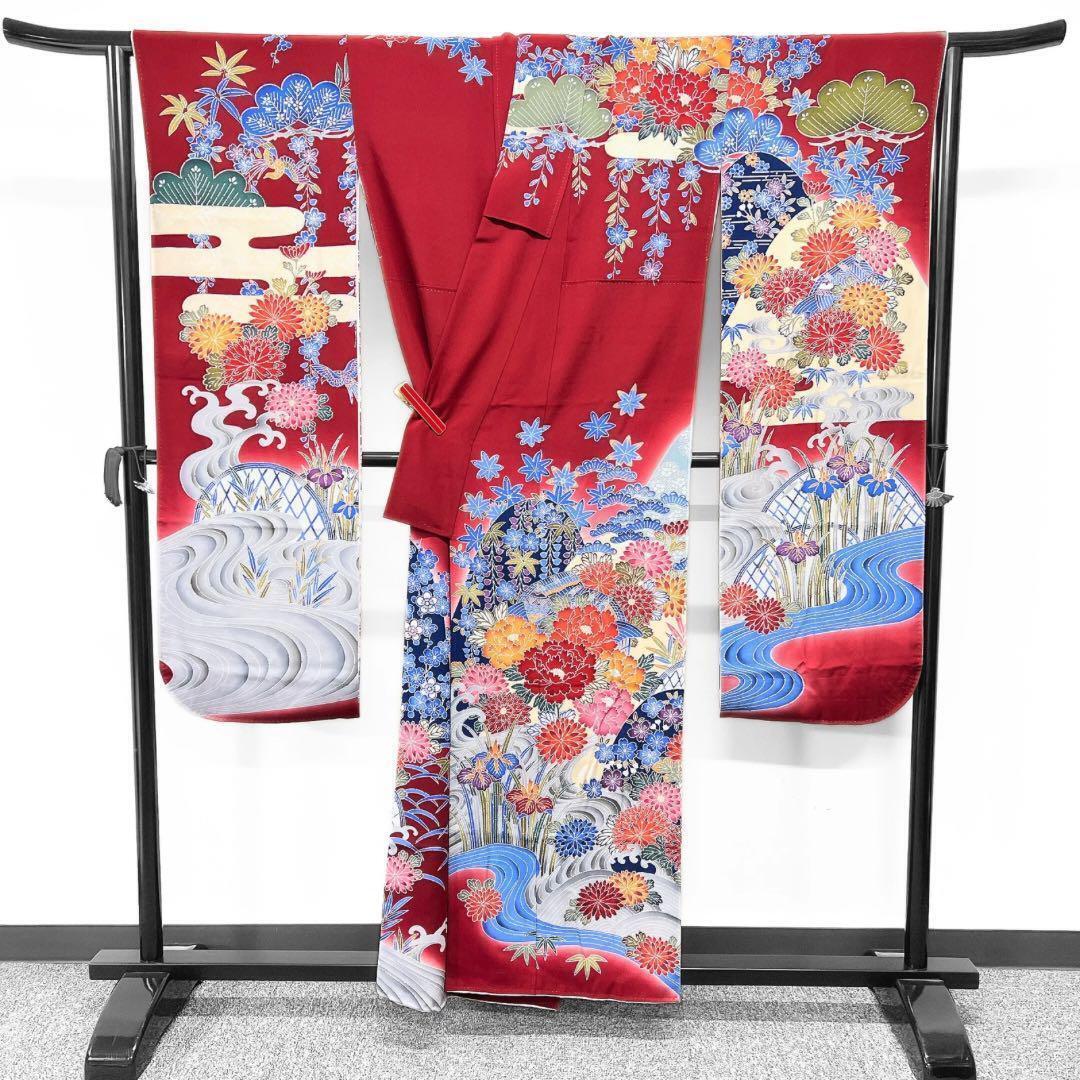 紅型調　振袖　花模様　霞　流水　着物　013w