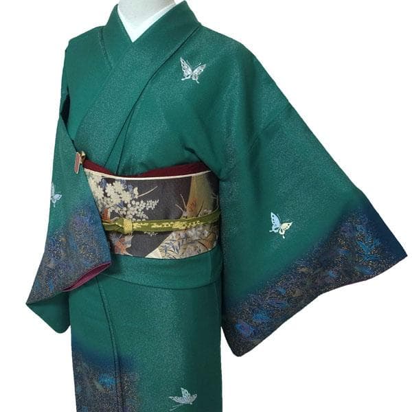 訪問着 袷 金彩加工 銀通し 手染め 緑 揚羽蝶 裄66 Ｌ 中古 sn1878