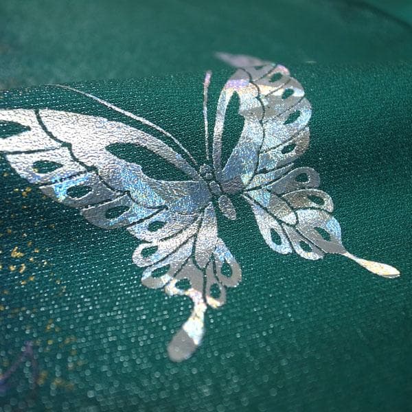 訪問着 袷 金彩加工 銀通し 手染め 緑 揚羽蝶 裄66 Ｌ 中古 sn1878