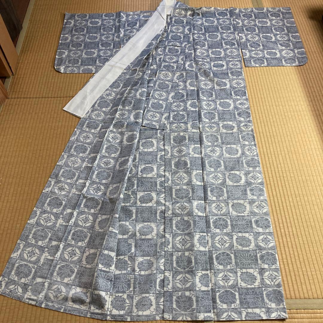 Woody正絹100%結城紬　単衣手縫い仕立て　1部躾糸付き