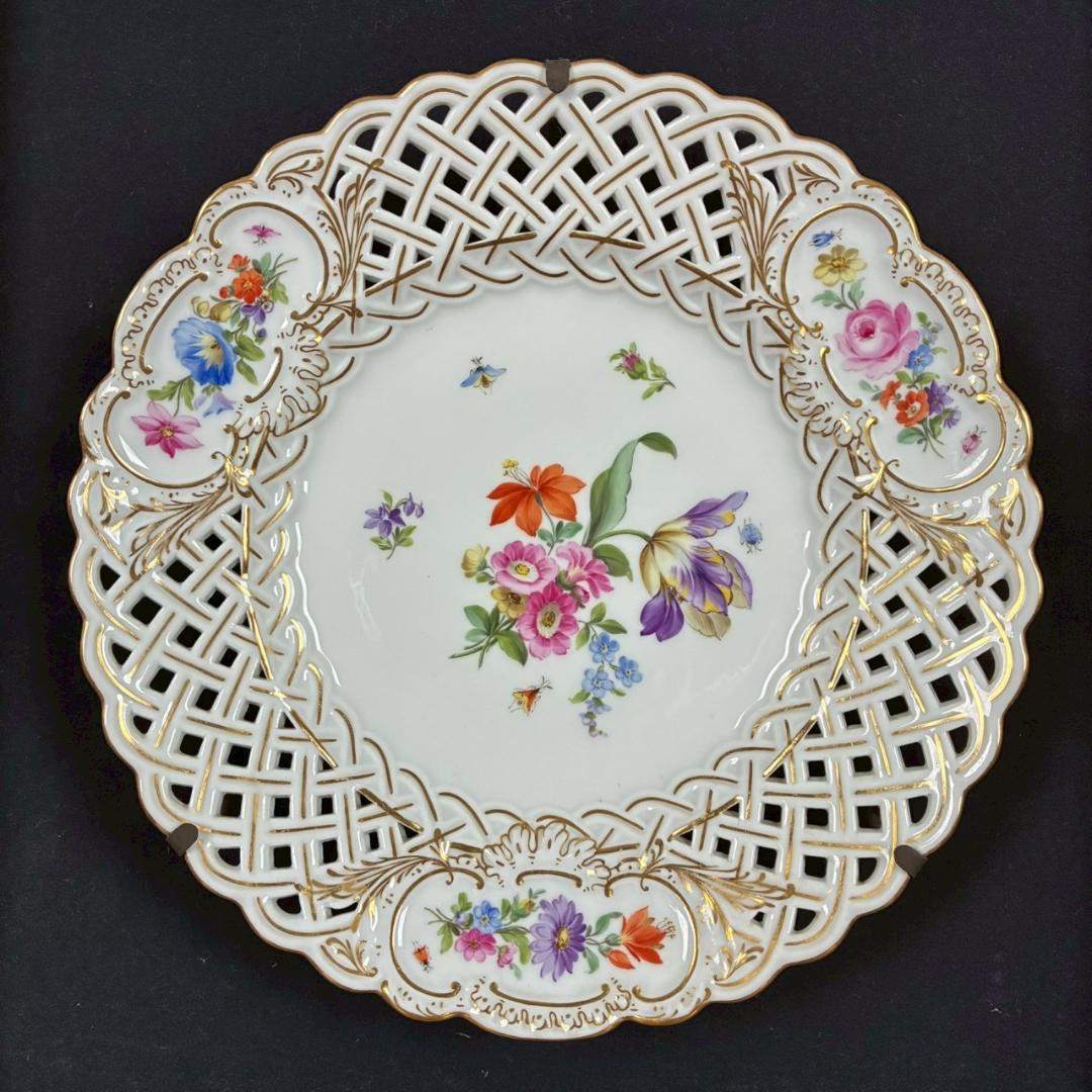 美品 マイセン 透かし皿 透かし細工金彩プレート 花と昆虫 額皿 MEISSEN