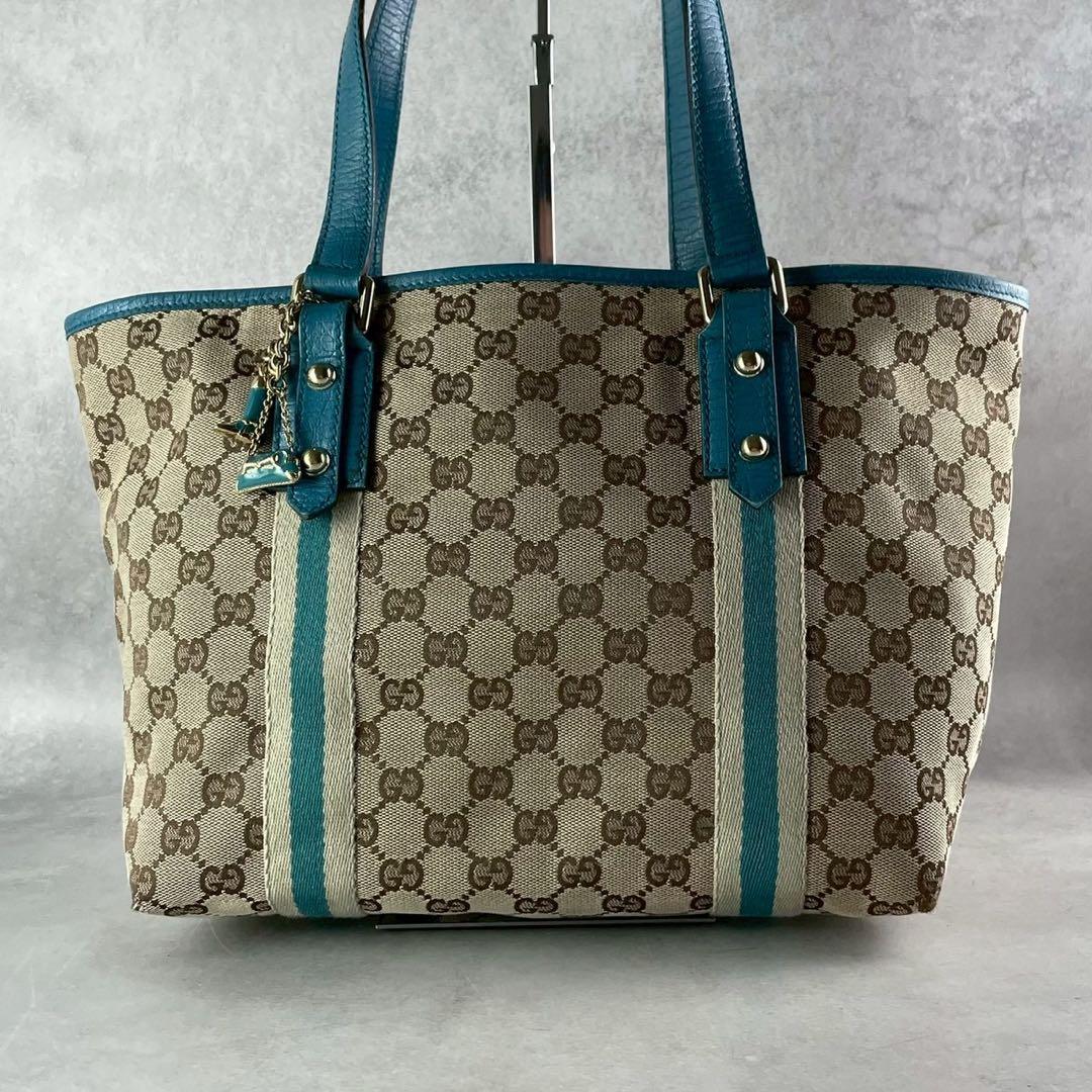 美品/希少色 グッチ GGキャンバス トートバッグ ターコイズ ブルー 総柄