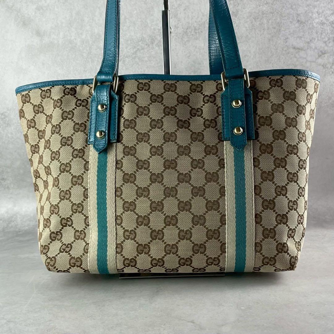 美品/希少色 グッチ GGキャンバス トートバッグ ターコイズ ブルー 総柄