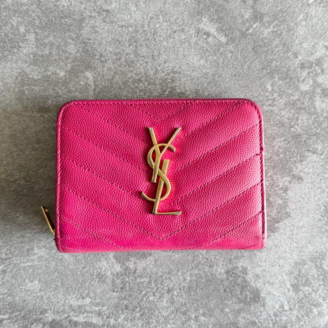 ⭐️サンローラン⭐️ Vステッチ コンパクトウォレット ピンク YSLロゴ