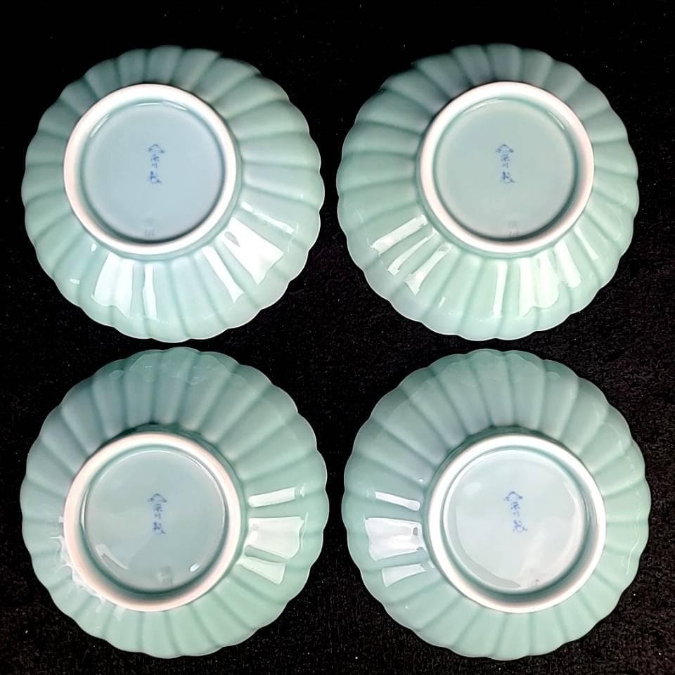 ●美品▽深川製磁　菊割小付　青磁　小鉢　鉢　皿　4枚