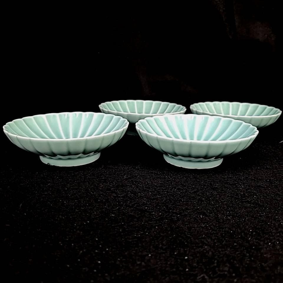 ●美品▽深川製磁　菊割小付　青磁　小鉢　鉢　皿　4枚