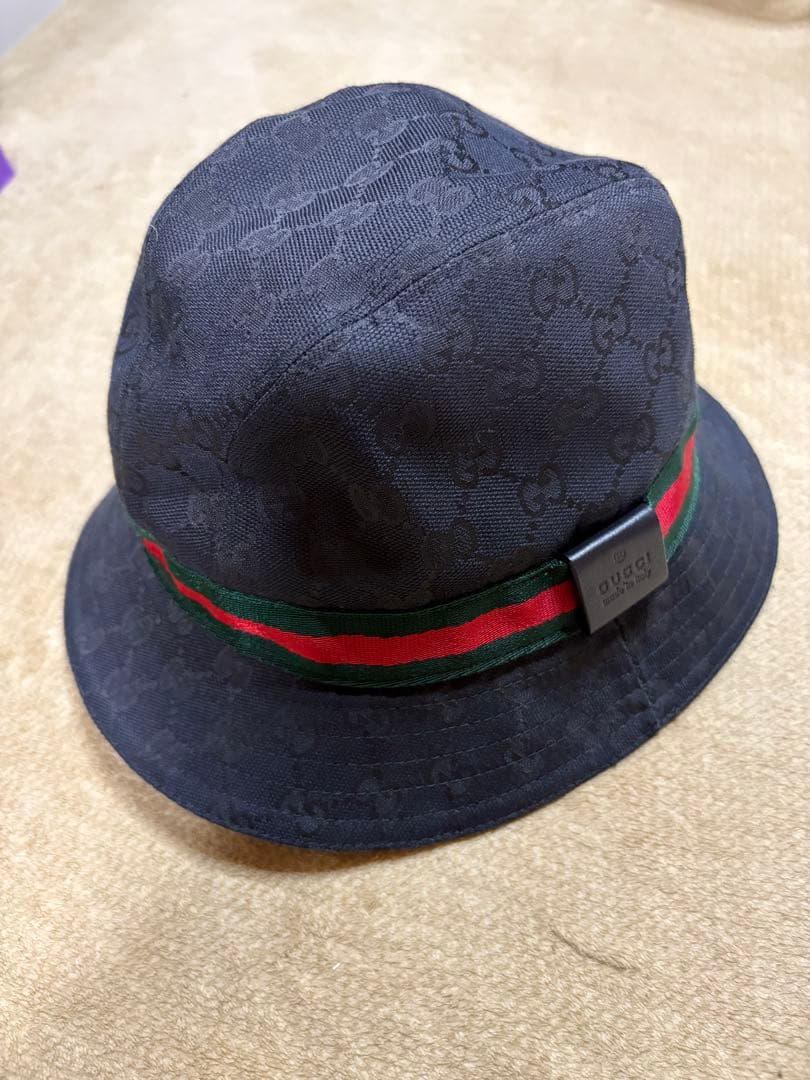 GUCCI ブラックバケットハット シェリーライン　GGパターン　Sサイズ