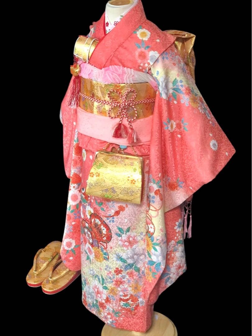 七五三　7歳　女の子　ピンク　四つ身　着物　作り帯　セット　753 七歳