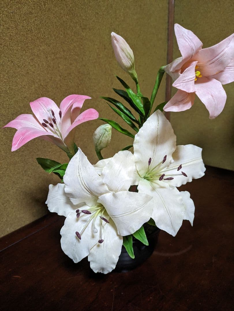 パンフラワー、百合とカラー(樹脂粘土、ハンドメイド)