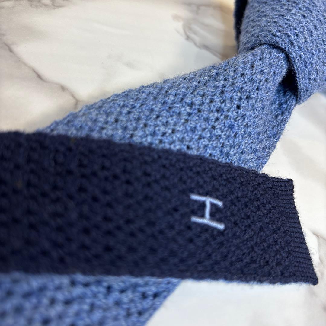 HERMES ニットタイ　2way ブルー　ネイビー　ワンポイント　青　紺　H