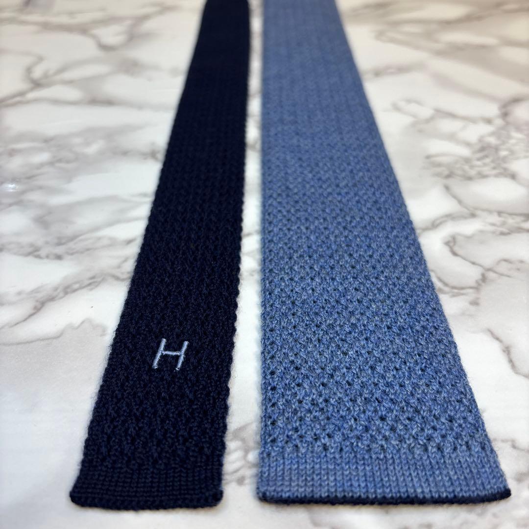 HERMES ニットタイ　2way ブルー　ネイビー　ワンポイント　青　紺　H