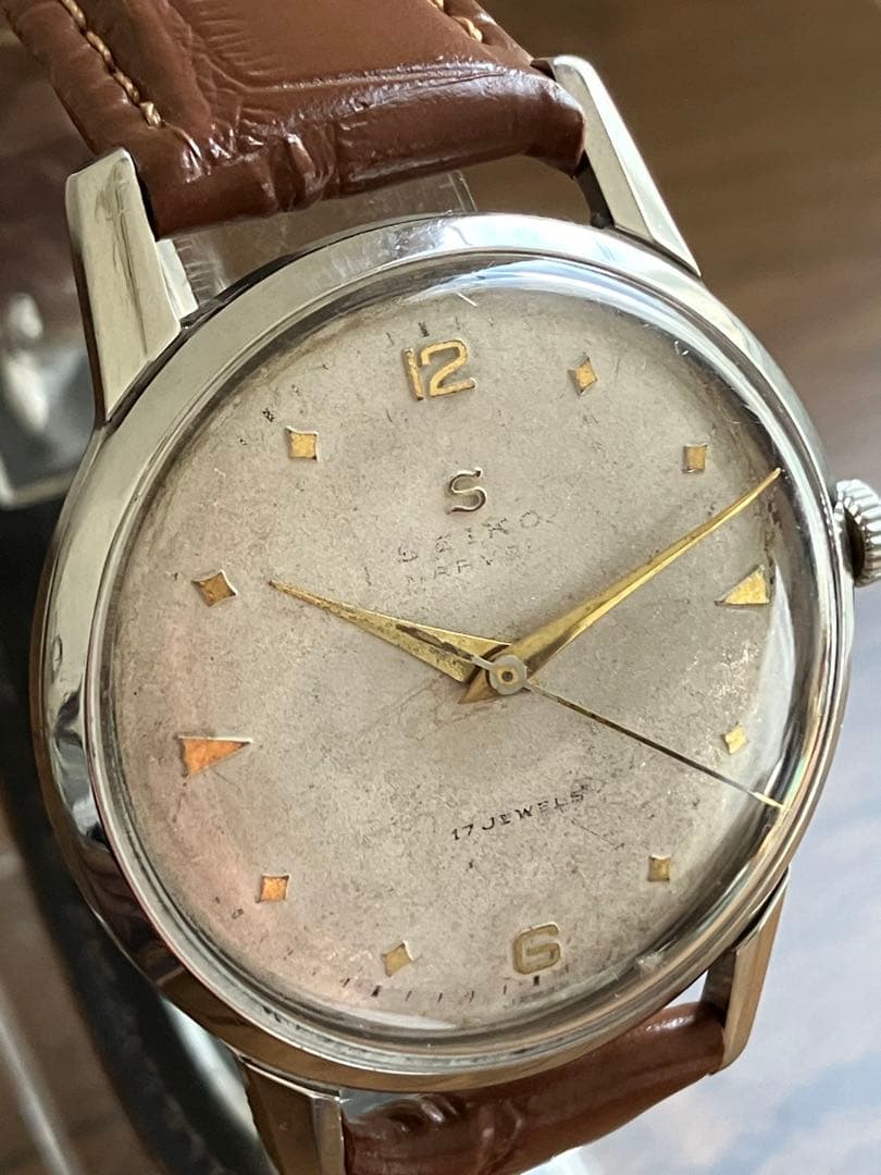 セイコー　マーベル　sマーク　白　アンティーク手巻き　菱形インデックス　希少