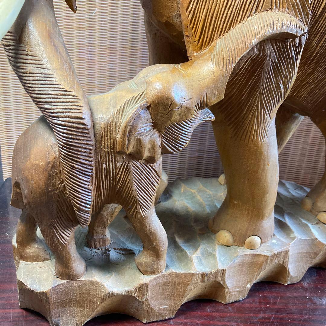 木彫りの大きな親子象　木製　彫刻　置物　オブジェ　縁起物　可愛い　45cmサイズ